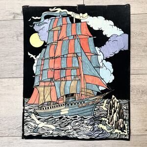 Vintage Felt Art Fuzzy Velvet Poster Picture Pirate Ship Boat Clipper y2k